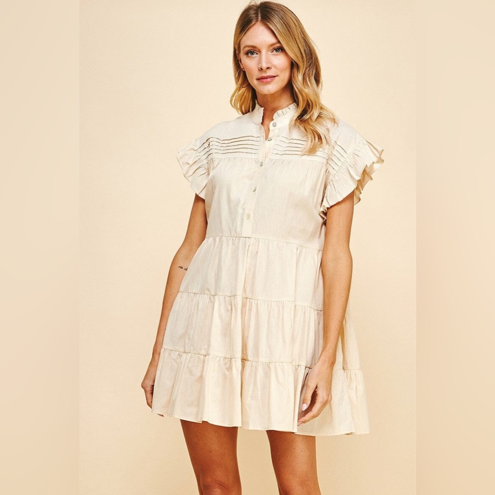 Pinch Baby Doll Mini Dress Cream M pockets Tiered Ruffled Neck Sleeves Pleated